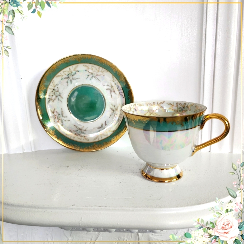 Tea Cup and Saucer Teal Green with Gold Flower  Design Luster Finish